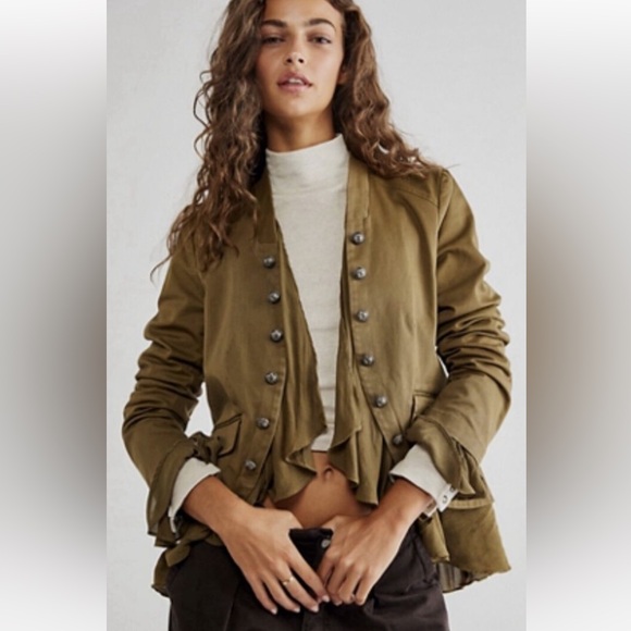 Free People Jackets & Blazers - Free People Ruffle Romance Jacket in Army SZ M NEW